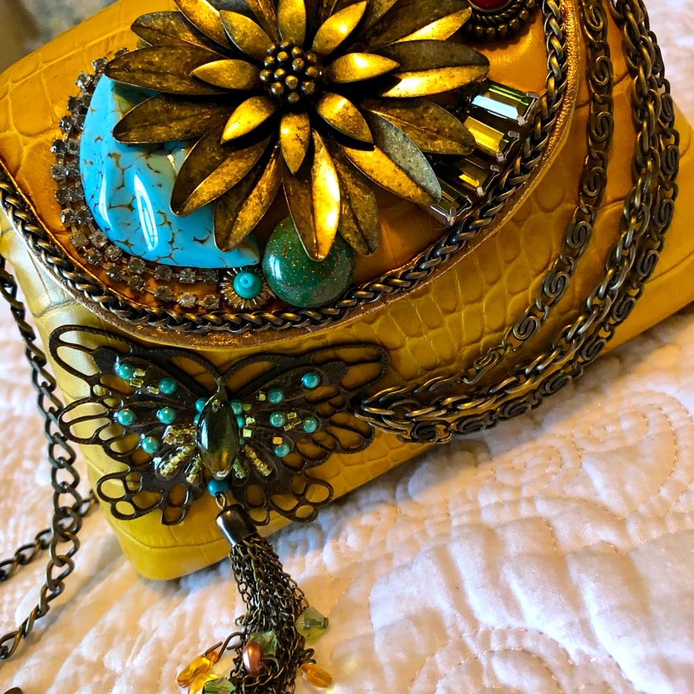 Mary Frances Purse - Butterfly embellished mustard purse.